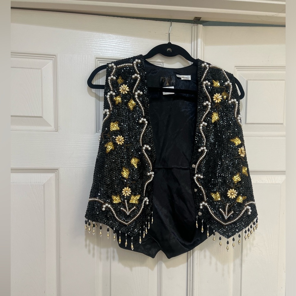 Unisex Black beaded Sequins vest pearl details festival boho large